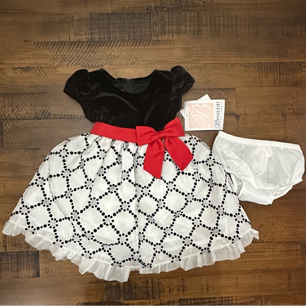 BONNIE JEAN Little Girls' Black White Silver Red Dress - 2 Piece- Size 12 Months